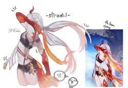 Rule 34 | animal hands, artist name, bare shoulders, black shorts, chinese clothes, claws, commentary, detached sleeves, doodles, elbow gloves, english commentary, from side, fu hua, fu hua (garuda), gloves, hair between eyes, highres, honkai (series), honkai impact 3rd, long hair, low-tied long hair, low twintails, multicolored hair, red gloves, red hair, red scales, scales, shorts, streaked hair, stretching, twintails, two-tone hair, very long hair, white hair, yuevander