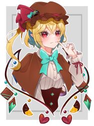 Rule 34 | 1girl, alternate costume, blonde hair, blue ribbon, candy, cape, chocolate, chocolate heart, closed mouth, flandre scarlet, food, frills, hat, hat ribbon, heart, highres, mob cap, munari yugi, pointy ears, red eyes, red ribbon, ribbon, shirt, side ponytail, solo, touhou, upper body, valentine, white shirt