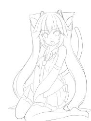 Rule 34 | 1girl, animal ears, bad id, bad pixiv id, cat ears, cat tail, greyscale, hatsune miku, highres, kazenoko, kemonomimi mode, lineart, long hair, looking at viewer, monochrome, open mouth, skirt, solo, tail, v arms, very long hair, vocaloid