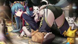 Rule 34 | 1girl, all fours, animal, animal ears, ass, black eyes, boots, cat, cat ears, coin, earrings, eushully, feet, from behind, game cg, green hair, headband, jewelry, kami no rhapsody, legs, long hair, looking at viewer, mitsuki, money, nekol, pale skin, panties, pink eyes, smile, statue, tail, thighs, treasure, treasure chest, twintails, underwear, yakuri