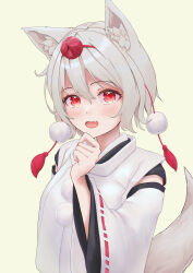 Rule 34 | 1girl, :d, absurdres, animal ear fluff, animal ears, fang, hand on own chin, hat, highres, inubashiri momiji, looking at viewer, open mouth, pom pom (clothes), red eyes, ribbon-trimmed sleeves, ribbon trim, risiyun, shirt, short hair, simple background, skin fang, smile, solo, tail, tokin hat, touhou, upper body, white hair, white shirt, white sleeves, wolf ears, wolf girl, wolf tail, yellow background