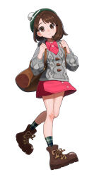 Rule 34 | 1girl, absurdres, backpack, baeming, bag, blush, boots, brown bag, brown eyes, brown footwear, brown hair, buttons, cable knit, cardigan, closed mouth, collared dress, commentary request, creatures (company), dress, full body, game freak, gloria (pokemon), green hat, green socks, grey cardigan, hands up, hat, highres, holding strap, hooded cardigan, knees, korean commentary, looking at viewer, nintendo, pink dress, plaid socks, pokemon, pokemon swsh, simple background, smile, socks, solo, tam o&#039; shanter, white background