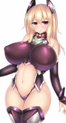 Rule 34 | 1girl, bare shoulders, blonde hair, breasts, curvy, highres, huge breasts, impossible clothes, kutan, long hair, pink eyes, solo, thick thighs, thighs, white background, wide hips