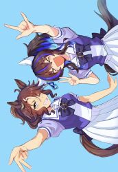 Rule 34 | &gt; &lt;, 2girls, \m/, animal ears, blue background, blue hair, blush, bow, bowtie, breasts, brown hair, daitaku helios (umamusume), ear covers, ear ornament, facing viewer, fang, grin, highres, horse ears, horse girl, horse tail, kashu ri, looking at viewer, mejiro palmer (umamusume), multicolored hair, multiple girls, one eye closed, open mouth, outstretched arm, purple shirt, reaching, reaching towards viewer, sailor collar, school uniform, shirt, short sleeves, side ponytail, sideways, simple background, skin fang, skirt, small breasts, smile, tail, tracen school uniform, two-tone hair, umamusume, upper body, v-shaped eyebrows, w, white skirt