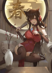 Rule 34 | 1girl, absurdres, animal ears, bad id, bad pixiv id, bare shoulders, black thighhighs, blush, breasts, brown hair, china dress, chinese clothes, cirilla lin, couch, dress, dsr-50 (girls&#039; frontline), dsr-50 (red peony) (girls&#039; frontline), extra ears, flower, folded fan, folding fan, garter straps, girls&#039; frontline, hair flower, hair ornament, hand fan, highres, holding, holding fan, large breasts, lips, long hair, official alternate costume, open mouth, pelvic curtain, red dress, red eyes, red flower, seigaiha, sitting, solo, thighhighs, vase
