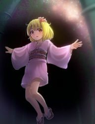 Rule 34 | 1girl, alternate costume, bamboo, bamboo forest, blonde hair, forest, gradient background, hair ribbon, japanese clothes, kimono, long sleeves, looking at viewer, minarai shachou, nature, night, obi, open mouth, outstretched arms, red eyes, ribbon, rumia, sash, sky, solo, star (sky), starry sky, tanabata, touhou, wide sleeves, yukata
