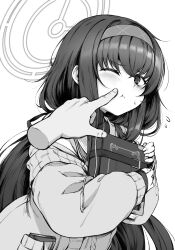 Rule 34 | 1girl, :t, blue archive, book, cardigan, cheek poking, closed mouth, commentary, crossed bangs, disembodied hand, flying sweatdrops, greyscale, hair ribbon, hairband, halo, highres, holding, holding book, long sleeves, looking at viewer, low twintails, monochrome, nihudau, one eye closed, poking, pout, ribbon, ringed eyes, sailor collar, sidelocks, simple background, sleeves past wrists, solo, sweatdrop, twintails, ui (blue archive), white background