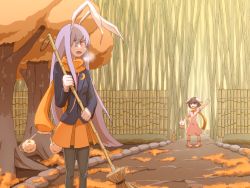 Rule 34 | 2girls, animal ears, arm up, autumn, autumn leaves, bad id, bad pixiv id, bamboo, bamboo shoot, blazer, boots, broom, carrot necklace, commentary request, dirt road, dress, eyelashes, fence, fog, fuji tarawi, hand on own hip, highres, holding, holding broom, inaba mob (touhou), inaba tewi, jacket, jewelry, long hair, long sleeves, multiple girls, necklace, necktie, open mouth, orange eyes, outdoors, pink dress, pleated skirt, rabbit, rabbit ears, red eyes, red necktie, reisen udongein inaba, road, scarf, short hair, skirt, smile, thighhighs, touhou, tree, tree shade