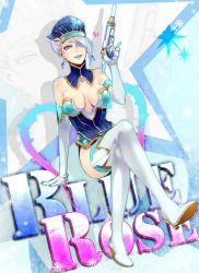 Rule 34 | 10s, 1girl, bare shoulders, blue eyes, blue hair, blue rose (tiger &amp; bunny), boots, breasts, character name, cleavage, earrings, elbow gloves, eyelashes, fingernails, fingernails over gloves, gloves, gun, hair over one eye, heart, high heels, highres, jewelry, karina lyle, crossed legs, lipstick, makeup, matching hair/eyes, medium breasts, shoes, short hair, sitting, solo, sunday31, superhero costume, thigh boots, thighhighs, tiger &amp; bunny, weapon