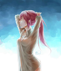 Rule 34 | 10s, 1girl, adjusting hair, breasts, cleavage, dated, free!, hair tie, highres, long hair, matsuoka gou, mouth hold, naked shirt, ponytail, red hair, see-through, shirt, solo, tying hair, zoe (killyou80)