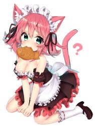 Rule 34 | 1girl, ?, animal ears, apron, bare shoulders, black dress, bow, breasts, brown footwear, cat ears, cat tail, choker, cleavage, closed mouth, cookie, detached sleeves, dress, food, food in mouth, frilled apron, frilled socks, frills, full body, green eyes, kneehighs, kneeling, looking at viewer, maid, maid apron, maid headdress, mary janes, medium breasts, mouth hold, nachiru, original, own hands together, pink hair, puffy short sleeves, puffy sleeves, red bow, ribbon-trimmed legwear, ribbon choker, ribbon trim, shoes, short hair, short sleeves, simple background, smile, socks, solo, strapless, strapless dress, tail, tareme, v arms, waist apron, white apron, white background