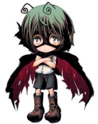 Rule 34 | 1girl, :&lt;, androgynous, antennae, bad id, bad pixiv id, boots, cape, chibi, cream (nipakupa), crossed arms, female focus, full body, green hair, grey eyes, lowres, mask, shirt, short hair, shorts, solo, spawn, tomboy, torn cape, torn clothes, touhou, transparent background, wriggle nightbug