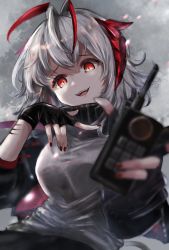 Rule 34 | + +, 1girl, :d, arknights, black gloves, blurry, blurry foreground, breasts, cowboy shot, depth of field, detonator, fingerless gloves, foreshortening, gloves, grey background, grey hair, grey shirt, high collar, highres, horns, kataageteto, large breasts, long sleeves, multicolored hair, nail polish, open mouth, red eyes, red hair, red nails, shirt, short hair, smile, solo, two-tone hair, w (arknights)