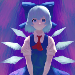 1girl ascot blue_bow blue_dress blue_eyes blue_hair bow cirno dress empty_eyes flandzen hair_bow highres ice ice_wings light_smile medium_hair puffy_short_sleeves puffy_sleeves purple_background red_ascot short_sleeves solo touhou upper_body wings