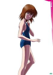 Rule 34 | artist request, ass, blue one-piece swimsuit, breasts, brown eyes, brown hair, leina stol, long bangs, looking at viewer, machine robo, medium breasts, one-piece swimsuit, parted lips, short hair, swimsuit, third-party source