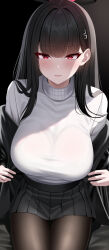 Rule 34 | 1girl, absurdres, black background, black hair, black pantyhose, black skirt, blue archive, blunt bangs, blush, breasts, commentary request, hair ornament, hairclip, halo, highres, huanyi huanhuanzi, large breasts, long hair, looking at viewer, off shoulder, open mouth, pantyhose, pleated skirt, red eyes, removing jacket, rio (blue archive), sitting, skirt, smile, solo, sweater, turtleneck, turtleneck sweater, white sweater