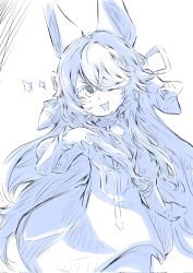 Rule 34 | 1girl, :3, animal ears, azur lane, blue hair, collar, dorube1203t, dress, fake animal ears, greyscale, highres, iris libre (emblem), long hair, long sleeves, looking at viewer, maille-breze (azur lane), monochrome, one eye covered, open mouth, simple background, smug, solo, star (symbol), wavy hair
