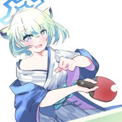 Rule 34 | 1girl, :d, animal ears, ball, blue archive, halo, highres, holding, holding paddle, japanese clothes, kandake, kimono, light green hair, looking at viewer, official alternate costume, open mouth, paddle, playing, shigure (blue archive), shigure (hot spring) (blue archive), short hair, simple background, smile, solo, table tennis ball, table tennis paddle, weasel ears, white background, yukata