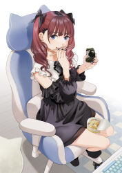 Rule 34 | 1girl, black hair, black nails, blue nails, blunt bangs, bow, commentary request, curly hair, detached sleeves, dress, frilled dress, frills, hair bow, mattaku mousuke, multicolored hair, nissin cup noodle, original, purple eyes, red hair, sitting, solo, two-tone hair
