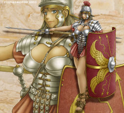 Rule 34 | 00s, 1girl, 2003, ancient rome, armor, artist name, blonde hair, blue eyes, breasts, cleavage cutout, clothing cutout, huge breasts, javelin (spear), large breasts, legionary, long hair, looking at viewer, lorica segmentata, miniskirt, phaia, pilum, polearm, roman (sound horizon), sandals, scutum, shield, skirt, solo, spear, spunky knight, weapon, youhei kozou, zoom layer