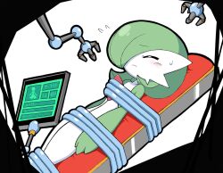 Rule 34 | bob cut, closed eyes, colored skin, creatures (company), dress, envi55109095, flying sweatdrops, game freak, gardevoir, gen 3 pokemon, green hair, highres, mechanical arms, monitor, multicolored skin, nintendo, operating table, pokemon, pokemon (creature), restrained, simple background, sweatdrop, table, two-tone skin, white background, white dress, white skin