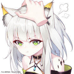 Rule 34 | 1girl, :t, animal ear fluff, animal ears, arknights, bare shoulders, blunt bangs, blush, cat girl, chinese commentary, closed mouth, collar, commentary request, disembodied limb, ge zhong kuaile, green eyes, headpat, kal&#039;tsit (arknights), long hair, material growth, o-ring, oripathy lesion (arknights), pixiv id, pout, silver hair, simple background, solo focus, upper body, v-shaped eyebrows, white background