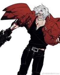 Rule 34 | 1boy, 3hkxbot, black gloves, black pants, blue eyes, coat, dante (devil may cry), devil may cry (series), devil may cry 5, facial hair, fingerless gloves, gloves, highres, holding, long hair, looking at viewer, male focus, pants, rebellion (sword), red coat, simple background, smile, solo, weapon, white background, white hair