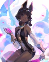 Rule 34 | 1girl, bare shoulders, black hair, breasts, dark skin, dark-skinned female, dragalia lost, egyptian clothes, hair tubes, highres, holding, holding sword, holding weapon, kneeling, looking away, nefaria, short hair, small breasts, smile, solo, sword, viorie, weapon