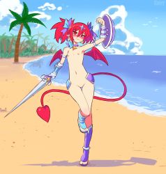 Rule 34 | 1girl, beach, blush, breasts, collar, day, demon girl, demon tail, disgaea, disgaea rpg, etna (disgaea), flat chest, foolintisimo, full-face blush, highres, looking at viewer, navel, nipples, nude, outdoors, pointy ears, red eyes, red hair, small breasts, solo, sword, tail, weapon, wings