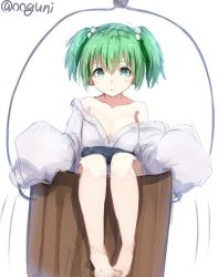 Rule 34 | 1girl, bare legs, bare shoulders, barefoot, blush, bucket, collarbone, colorized, green eyes, green hair, hair bobbles, hair ornament, japanese clothes, kimono, kisume, long sleeves, looking at viewer, matching hair/eyes, obi, off shoulder, open mouth, sash, simple background, sitting, sketch, sleeves past wrists, solo, touhou, twintails, twitter username, white background, wide sleeves, wowoguni, yukata