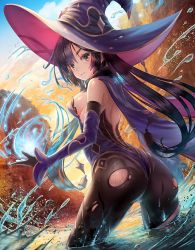 Rule 34 | 1girl, ass, backlighting, bare shoulders, black hair, black pantyhose, breasts, cliff, closed mouth, detached sleeves, fur collar, genshin impact, hat, hydrokinesis, leotard, long hair, long sleeves, medium breasts, mona (genshin impact), pantyhose, purple hat, purple leotard, river, sideboob, smile, solo, sunlight, tanaka ken&#039;ichi, thighlet, torn clothes, torn pantyhose, twintails, v-shaped eyebrows, very long hair, wading, water, wet, wet clothes, witch hat