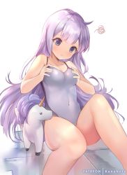 Rule 34 | 1girl, ahoge, azur lane, bare arms, bare legs, bare shoulders, breast conscious, breasts, collarbone, commentary, competition swimsuit, covered navel, feet out of frame, grabbing own breast, knee up, long hair, medium breasts, mujinbensin, mujinbi, one-piece swimsuit, patreon username, purple eyes, purple hair, sidelocks, sitting, solo, stuffed winged unicorn, swimsuit, unicorn (azur lane), very long hair