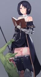 Rule 34 | 1boy, 1girl, arm armor, bare shoulders, black hair, black robe, bob cut, book, cleft of venus, closed mouth, goblin, goblin male, grey eyes, heavy breathing, highres, holding, holding book, huge penis, mocomori, off shoulder, open book, original, penis, precum, pussy, robe, robe lift, short hair, thighhighs, tongue, tongue out, uncensored