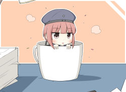 Rule 34 | 10s, 1girl, blunt bangs, coffee mug, comic, commentary, cup, georgia max coffee, goma (yoku yatta hou jane), hat, in container, in cup, kantai collection, mini person, minigirl, mug, name connection, object namesake, outline, papers, red hair, short hair, sidelocks, steam, table, white outline, z3 max schultz (kancolle)