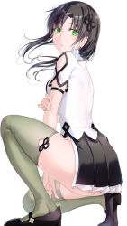Rule 34 | 1girl, arm cutout, arm strap, assault lily, between legs, black footwear, black hair, black skirt, breasts, clothing cutout, commentary request, floating hair, flower, flower knot, frilled skirt, frills, from side, green eyes, green thighhighs, hair flower, hair ornament, hair scrunchie, hand between legs, hand on own arm, hand up, highres, light particles, long hair, looking at viewer, looking to the side, low ponytail, mary janes, medium breasts, meen (ouaughikepdvrsf), miniskirt, on one knee, parted lips, pleated skirt, scrunchie, shirt, shoe soles, shoes, short sleeves, side ponytail, side slit, simple background, skirt, solo, thighhighs, thighs, wang yujia, white background, white flower, white scrunchie, white shirt