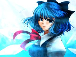 Rule 34 | 1girl, bad id, bad pixiv id, blue eyes, blue hair, bow, cirno, embodiment of scarlet devil, female focus, gradient background, hair bow, matching hair/eyes, nayuzu, short hair, solo, touhou, wings