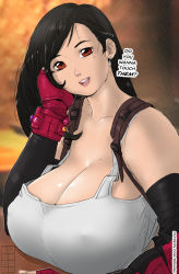 Rule 34 | 1girl, black hair, breasts, cleavage, collarbone, covered erect nipples, detached sleeves, earrings, english text, final fantasy, final fantasy vii, fingerless gloves, gloves, highres, huge breasts, jewelry, long hair, looking at viewer, open mouth, red eyes, red gloves, roumgu, solo, suspenders, tank top, teeth, text focus, tifa lockhart, upper body, upper teeth only, white tank top