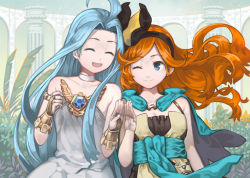 Rule 34 | 2girls, :d, ^ ^, ahoge, bare shoulders, blue cape, blue eyes, blue hair, breasts, bridal gauntlets, cape, cleavage, closed eyes, closed mouth, commentary request, dress, closed eyes, floating hair, granblue fantasy, hairband, hands up, lyria (granblue fantasy), multiple girls, nagi itsuki, one eye closed, open mouth, orange hair, sara (granblue fantasy), smile, white dress