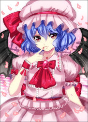 Rule 34 | 1girl, ascot, bat wings, blue hair, brooch, checkered floor, cross, expressionless, fang, fang out, finger to mouth, fingernails, floor, gradient background, hat, hat ribbon, jewelry, mob cap, nail polish, nekomyau, petals, puffy short sleeves, puffy sleeves, red eyes, remilia scarlet, ribbon, short hair, short sleeves, skirt, skirt set, solo, touhou, upper body, wings, wrist cuffs