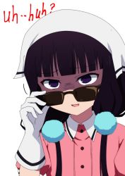 Rule 34 | 1girl, black hair, blend s, commentary request, english text, gloves, gobanme no mayoi neko, highres, purple eyes, sakuranomiya maika, shaded face, solo, sunglasses, upper body, white background
