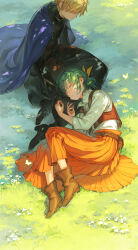 Rule 34 | 1boy, 1girl, absurdres, armor, belt, black coat, black footwear, blonde hair, blue cape, boots, brown footwear, bug, butterfly, cape, closed eyes, coat, dappled sunlight, day, field, flower, from above, grass, green hair, herayoshi, highres, insect, kiki (herayoshi), knee boots, lap pillow, leather armor, long skirt, lying, nature, on ground, on side, orange skirt, orange vest, original, outdoors, pleated skirt, ponytail, resu (herayoshi), shirt, short hair, skirt, sleeping, sunlight, vest, white flower, white shirt