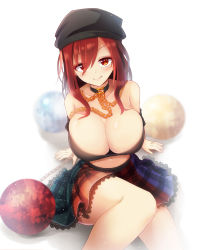 Rule 34 | 1girl, bare legs, bare shoulders, black hat, black shirt, breasts, chain, cleavage, closed mouth, collar, collarbone, commentary request, earth (ornament), from above, hair over one eye, hat, hecatia lapislazuli, highres, huge breasts, long hair, midriff, miniskirt, moon (ornament), multicolored clothes, multicolored skirt, navel, red eyes, red hair, shirt, sitting, skirt, smile, solo, t-shirt, touhou, white background, z.o.b