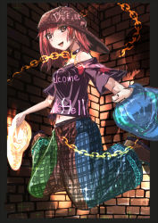 Rule 34 | 1girl, absurdres, adapted costume, backwards hat, bad id, bad pixiv id, black shirt, blush, boots, brick wall, brown footwear, chain, clothes writing, collar, english text, framed, gold chain, happy, hat, heart, hecatia lapislazuli, highres, holding, holding clothes, holding hat, jumping, light, long hair, looking at viewer, multicolored clothes, multicolored skirt, off-shoulder shirt, off shoulder, poyosuke, red eyes, red hair, shadow, shirt, skirt, smile, solo, tongue, tongue out, touhou, unworn hat, unworn headwear