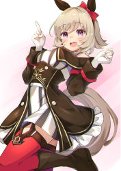 Rule 34 | 1girl, :d, animal ears, bare shoulders, black footwear, black jacket, blush, boots, bow, breasts, brown hair, commentary request, curren chan (umamusume), dress, ear bow, frilled jacket, frills, gloves, hands up, highres, horse ears, horse girl, horse tail, jacket, medium breasts, off-shoulder jacket, off shoulder, open mouth, pilokey, purple eyes, red bow, red thighhighs, smile, solo, striped clothes, striped dress, tail, teeth, thighhighs, thighhighs under boots, umamusume, upper teeth only, vertical-striped clothes, vertical-striped dress, white dress, white gloves
