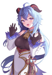 Rule 34 | 1girl, :d, absurdres, ahoge, bare shoulders, bell, black gloves, black legwear, blue hair, blush, breasts, chinese knot, detached sleeves, fang, flower knot, ganyu (genshin impact), genshin impact, gloves, gold trim, hand gesture, highres, horns, long hair, looking at viewer, medium breasts, neck bell, open mouth, paw pose, purple eyes, puto (put to ), sidelocks, skin fang, smile, solo, standing, thighlet, vision (genshin impact), white background, white sleeves