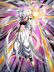 Rule 34 | 1girl, :o, absurdres, android 21, black footwear, black sleeves, black tube top, blue eyes, boots, breasts, colored skin, curly hair, dbkenkyuusei, detached sleeves, dragon ball, dragon ball fighterz, earrings, energy ball, floating, harem pants, highres, hoop earrings, jewelry, light persona, long hair, majin android 21, medium breasts, midriff, navel, pants, pink skin, pointy ears, solo, strapless, tail, tube top, tube top, white hair, white pants