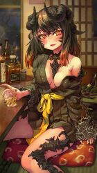 Rule 34 | 1girl, absurdres, alcohol, au ra, warrior of light (ff14), black hair, black kimono, black nails, blush, bottle, breasts, commentary, commission, cup, cushion, dragon girl, drinking glass, english commentary, final fantasy, final fantasy xiv, gradient hair, highres, holo (dragonholo), horns, indoors, japanese clothes, kimono, long hair, long sleeves, medium breasts, melaton, mixed-language commentary, multicolored hair, multiple horns, nail polish, night, no bra, off shoulder, open mouth, orange eyes, red hair, sash, scales, shouji, single bare shoulder, sitting, skeb commission, sliding doors, slit pupils, smile, solo, tatami, whiskey, wide sleeves, zabuton
