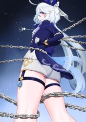 Rule 34 | 1girl, ahoge, artist name, ass, blue eyes, blue hair, blush, chain, from behind, from below, furina (genshin impact), genshin impact, gloves, hat, helpless, highres, lewdlux, long hair, looking at viewer, multicolored hair, restrained, short shorts, shorts, solo, streaked hair, thigh strap, two-tone hair, very long hair, white hair