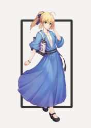 Rule 34 | 1girl, ahoge, alternate costume, artoria pendragon (all), artoria pendragon (fate), bag, belt, black footwear, blonde hair, blue dress, blue ribbon, bracelet, casual, closed mouth, collarbone, commentary request, dress, fate/stay night, fate (series), framed, full body, green eyes, hair ribbon, hand up, head tilt, high heels, highres, hoodier, jewelry, long dress, necklace, ponytail, puffy short sleeves, puffy sleeves, ribbon, saber (fate), shirt, short sleeves, shoulder bag, sidelocks, smile, solo, standing, white background, white shirt