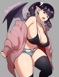 Rule 34 | 1girl, agawa ryou, black hair, black shirt, black thighhighs, blouse, blunt bangs, breasts, clothes lift, commentary, dated, drill hair, english commentary, fangs, grey background, jacket, large breasts, looking at viewer, no bra, original, pointy ears, red eyes, shirt, shirt lift, short shorts, shorts, signature, simple background, solo, teeth, thick thighs, thighhighs, thighs, twin drills, upper teeth only, vampire